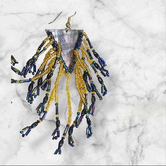 Vintage Big Abalone Shell Glass Seed Bead Chandelier Earrings 4" - Picture 7 of 10